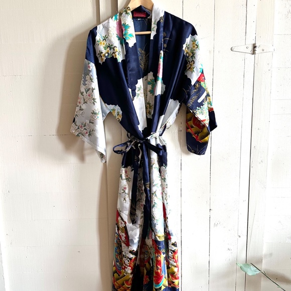 Vintage Robe Long Geisha Kimono Silver Dragon Blue De Oriental Small Medium - Picture 13 of 16